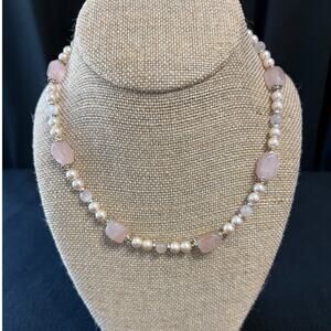Pale Rose Quartz Necklace w/Faux Pearls & White Quartz Beads